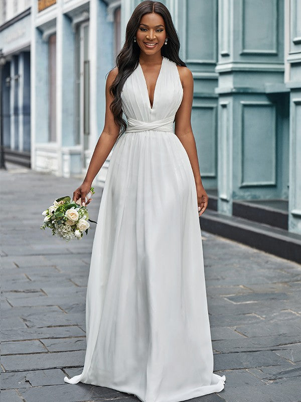 Wholesale A-Line/Princess Chiffon Halter Ruched Sleeveless Floor-Length Wedding Dresses